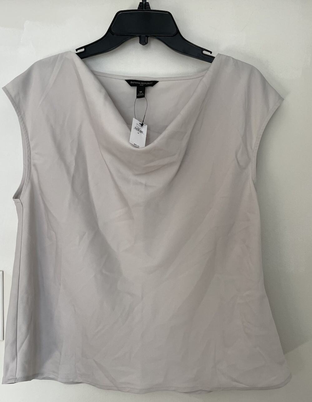 NWT Banana Republic Luxe Draped Short Sleeve Satin Blouse Top Silver Lt Gray MED